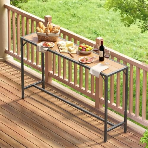 TLSUNNY 63" Patio Bar Table, Sturdy Outdoor Counter Height Table, Teak