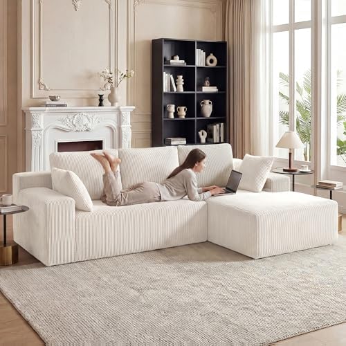 GRUSIGN Cloud Sectional Boneless Couches for Living Room, Modular L Shaped Couch with Deep Seat Oversized Right Facing Chaise, Memory Foam Compressed Spineless 3 Seater Sofa for Apartment, Beige
