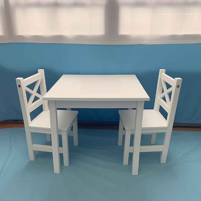 PETIT BATEAU Solid Wood Kids Table & 2 Chairs Set,Ages 2-8,Whitecolor