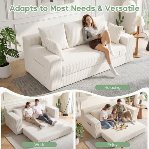 Boneless Couch for Living Room, 3 Seater Convertible Sofa Bed in A Box, Folding Pull Out Couch with Comfy Corduroy, Loveseat Sleeper Floor Sofa with 5 Pillows, No Assembly Required, Beige