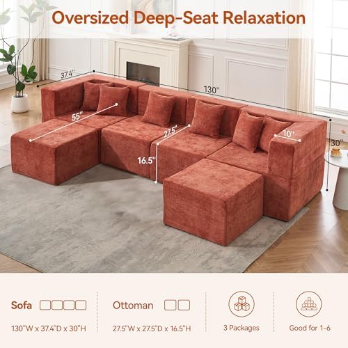 MONVANE Modular Sectional Cloud Couch for Living Room - 130'' 6 Seater Convertible Chenille Couches Set with Ottoman, No Assembly Compression Sofas, Comfy Floor Sofa with Memory Foam, Rust Red