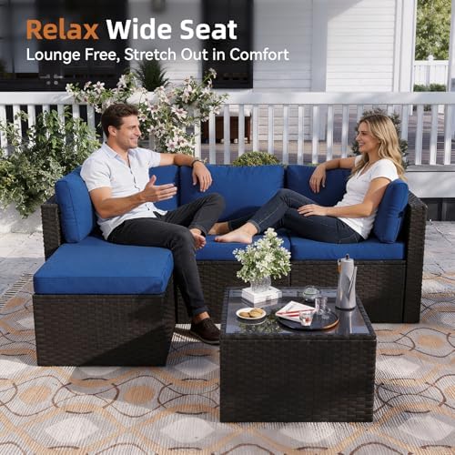 Aoxun Patio Furniture Set 5-Piece, Outdoor Sectional Sofas with Washable Cushion, Wicker Rattan Patio Conversation Sets for Backyard Porch and Poolside, Navy