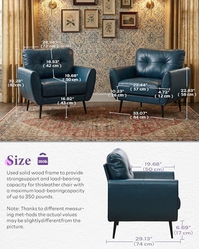 Blue Leather Accent Chair, Tufted Reading Armchair for Living Room Office