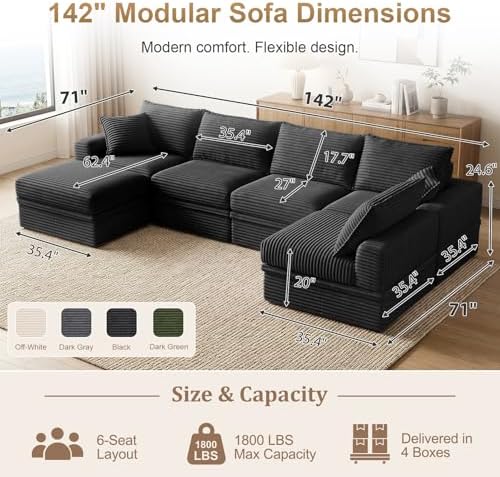 142" Oversized Modular Sectional Cloud Couches for Living Room, Corduroy 6-Seat Large Upgraded Boneless Couch with Ottoman Chaise, Deep Seat, U Shaped Memory Foam Sofa-in-a-Box, No Assembly, Black