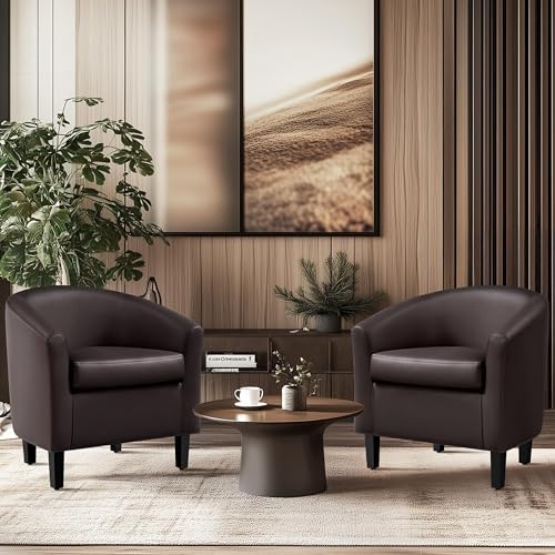 Yaheetech Accent Chairs Set of 2, Faux Leather Barrel Armchairs Espresso