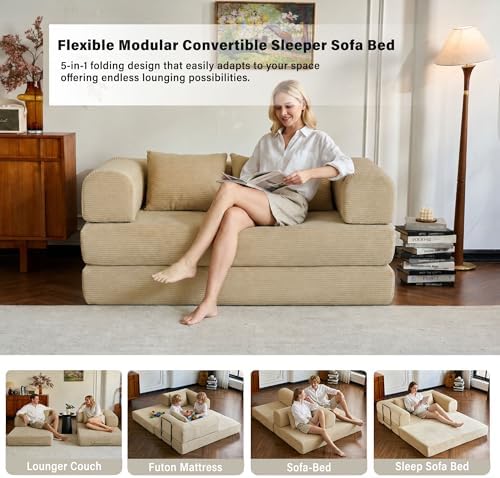 59" Convertible Sofa Bed, Boneless Sleeper Futon Couch for Small Spaces