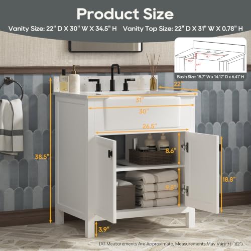 30 Inch Farmhouse Bathroom Vanity with Sink, White | Bathroom Sink Cabinet with Soft Close Doors, Solid Wood Single Sink Bathroom Vanity with Adjustable Feet, Apron Farm Sink