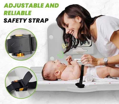 Alpine Wall Mounted Baby Changing Station - Horizontal Baby Changing Table Foldable Diaper Tables with Safety Strap for Commercial Bathroom, ADA Complaint (Hardware Included) White Gray