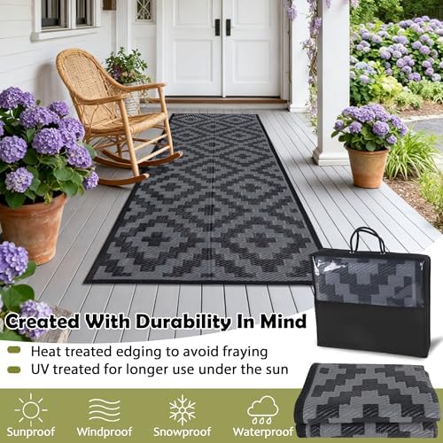 SAND MINE Waterproof Outdoor Rug, Plastic Reversible Rug, Modern Area Rug, Large Floor Mat for Outdoors, RV, Patio, Backyard, Deck, Picnic, Beach, Camping (2.5' x 8', Black Grey Lattice)