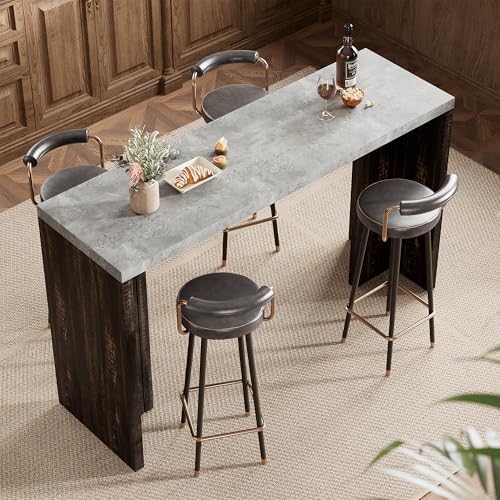 Bar Table for 4-6 People - 55” Long Counter Height Pub with Extra Thickened Tabletop, Modern Rectangular Home Bar Coffee Unit for Kitchen, Dining Room, Balcony, Living Room, Basement, Gray+Brown