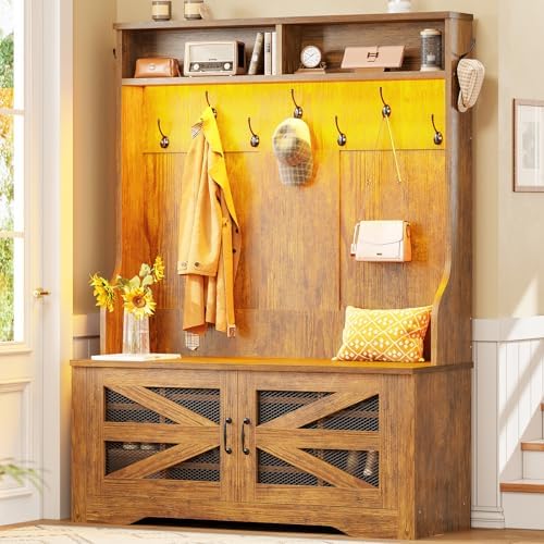 Itaar Hall Tree with Bench and Shoe Storage, 5-in-1 Entryway Bench with Coat Rack, 10 Shoe Cubbies & 9 Coat Hooks, Barn Door & Adjustable Shelf (Rustic Brown)