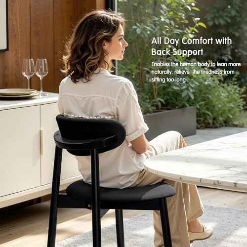 CHUN YI Dining Chairs Set of 4, Upholstered Solid Wood Dining Room Chairs, Mid Century Modern Fabric Kitchen Chairs with Ergonomic Curved Back, Black (Only Chairs)