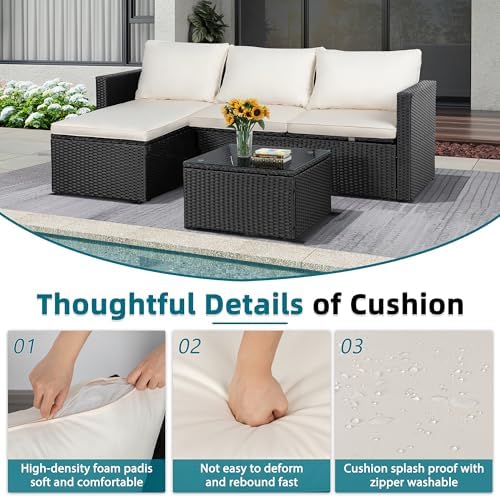 SUNLEI Patio Furniture Set with Detachable Soft Cushions, Outdoor PE Rattan Patio Conversation Sofa Set, 3-Piece Patio Sectional Sofa with Glass Coffee Table (Black Rattan&White)