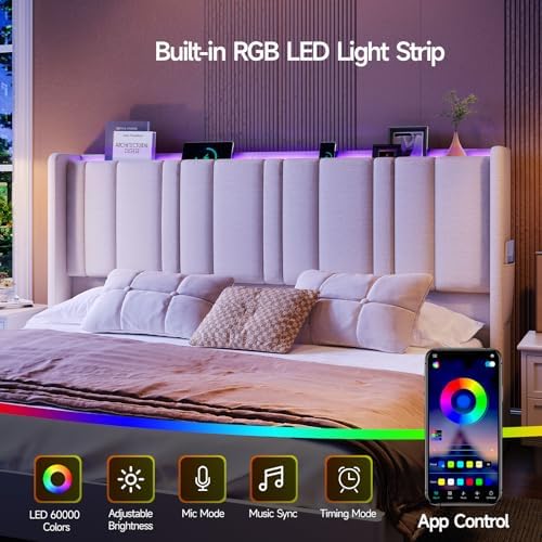 ONBRILL King Size Headboard with Storage, LED Light, Off White