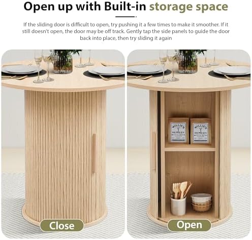 31.5" Round Dining Table for 2-4, Modern Farmhouse Kitchen Table with 2-Tier Storage Shelf, Small Wooden Circle Dining Tables with Fluted Base for Home Dining Room Living Room (Natural)