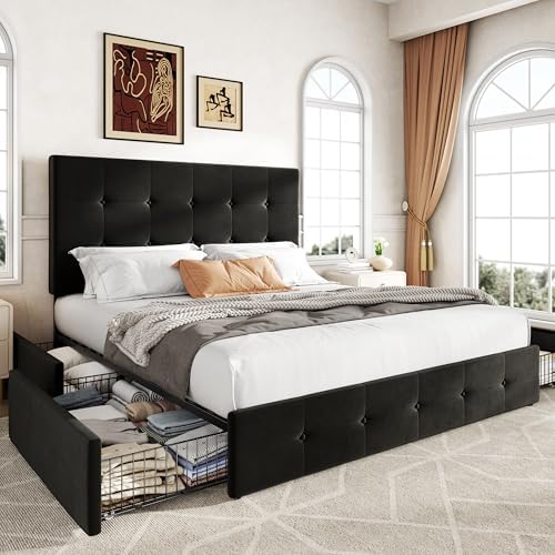 Allewie Full Size Storage Bed Frame with 4 Underbed Drawers, Upholstered Platform Bed with Adjustable Headboard, Square Button Tufted, Easy Assembly, Noise-Free, No Box Spring Needed, Soft Black