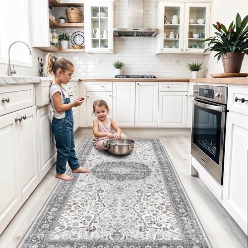 Hallway 4x8 Washable Runner Rug: Oriental Stain Resistant Entryway Kitchen Rug Farmhouse Soft Carpet for Bathroom Bedroom Thin Laundry Room Floor Mat with Non Slip Backing for Pets Family(4x8,Grey)