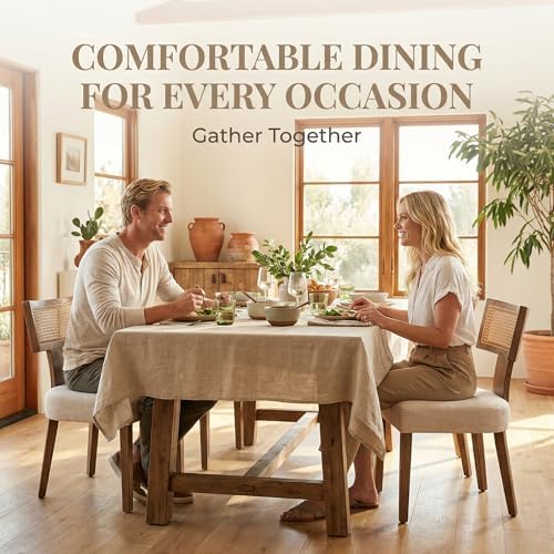 HNY Mid Century Modern Rattan Dining Chairs Set of 4, Linen Upholstered Kitchen & Dining Room Chairs with Ergonomic Curved Back, Solid Wood Frame, Farmhouse Accent Chairs for Home, Apartment, Beige