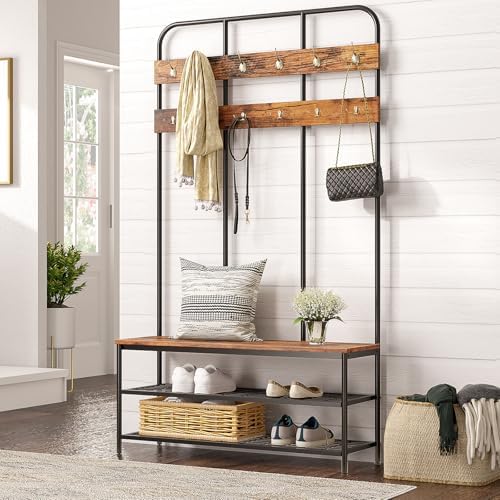HOOBRO Hall Tree with Bench, Entryway Bench with Coat Rack, Mud Room Rack with 12 Double Hooks and Shoe Storage, Coat Tree, Shoe Rack Organizer, for Foyer, Front Door, Rustic Brown BF05MT01