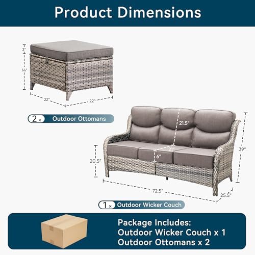 Luxury 3 Pieces Patio Furniture Sets-All Weather Wicker Rattan 3-Seat Sofa Set with Comfy 6" Cushion, Multifunctional Ottomans Patio Conversation Set for Deck Backyard Garden(Grey/Grey)