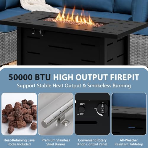 Shintenchi 6 Piece Outdoor Patio Furniture Set with 43 Inch Propane Fire Pit, Washable Cushions, Glass Coffee Table, Waterproof Cover & CSA Certified for Backyard Poolside, Silver PE Rattan/Navy Blue
