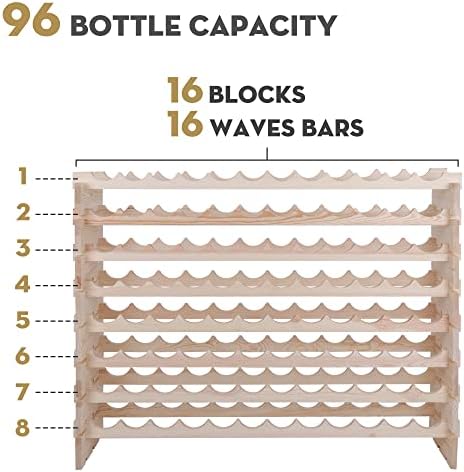 96 Bottles Stackable Modular Wine Rack, 8-Tier Wooden Wine Storage Rack Freestanding Wine Holder Display Shelves, Wobble-Free Shelves, Solid Wood