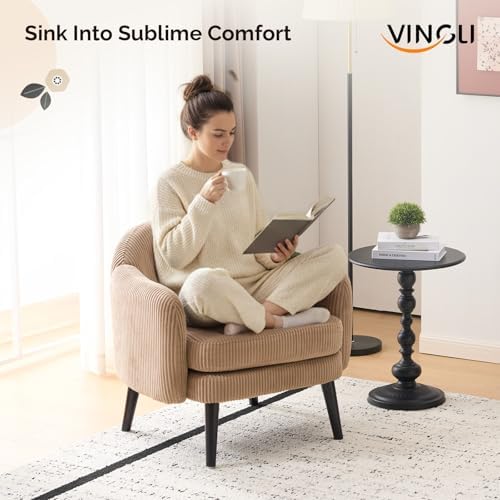VINGLI 30.3" Wide Modern Barrel Accent Armchairs Set of 2 with Track Armrest, Solid Wooden Legs, Comfy Upholstered Club Chairs, Single Home Sofa for Living Room, Bedroom, Reading Room, Corduroy Khaki
