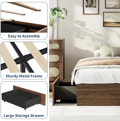 GarveeHome Wood Platform Bed Frame, Twin Bed Frame with 2 Drawers