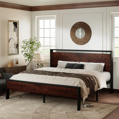 Allewie King Size Bed Frame, Heavy Duty 12 Metal Slats Support, Mahogany