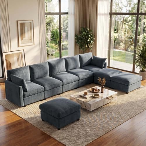Iroomy Modular Sectional Couch for Living Room, Spring Cushion Seating, Modern Convertible Cloud Sofa with Ottoman, Grey