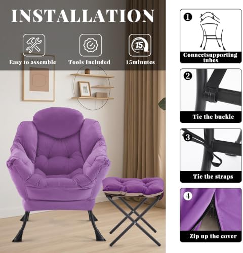 Lazy Chair with Ottoman, Comfy Reading Chair, Purple