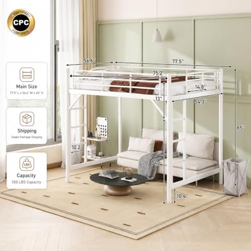 Bellemave Full Loft Bed, Metal Round Pipe, Dual Ladders, Save Space, White