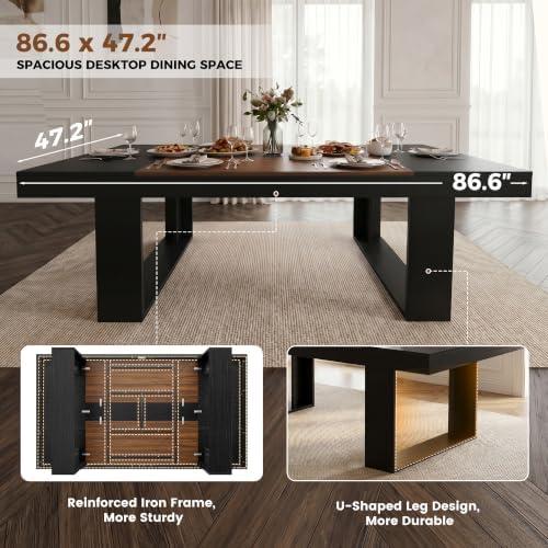 Miereirl 11-Piece Modern Farmhouse Dining Table Set, 86.6" x 47.2" Sturdy Stable Dining Table with 10 Chairs, Rectangular Kitchen Table Set for 10,(Black & Walnut Table+10 Grey Chairs)