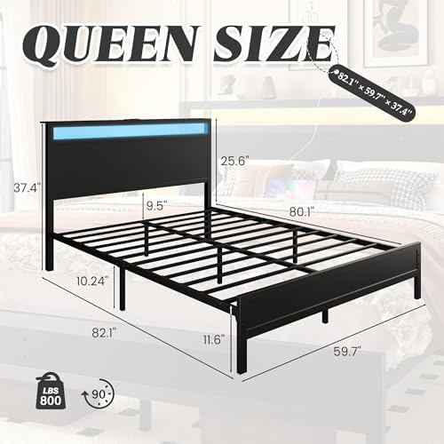 Fluest Queen Bed Frame with Headboard & Footboard, Bed Frame with Built-in Charging Station & LED Light, Storage Shelf, Noise-Free, No Box Spring Needed, Easy Assembly, Classic Black