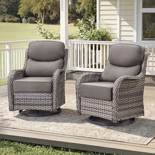 Luxury Wicker Patio Furniture Set-High Back Outdoor Swivel Chairs Set of 2 with 6" Thick Cushions Wide Armrest All Weather Patio Conversation Sets for Deck Porch Balcony(Grey/Grey)
