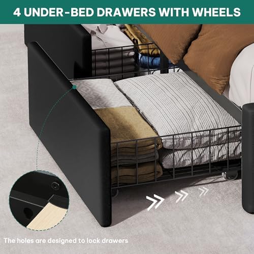 DWVO Queen Size Bed Frame with 4 Storage Drawers and RGB LED Lights, Black
