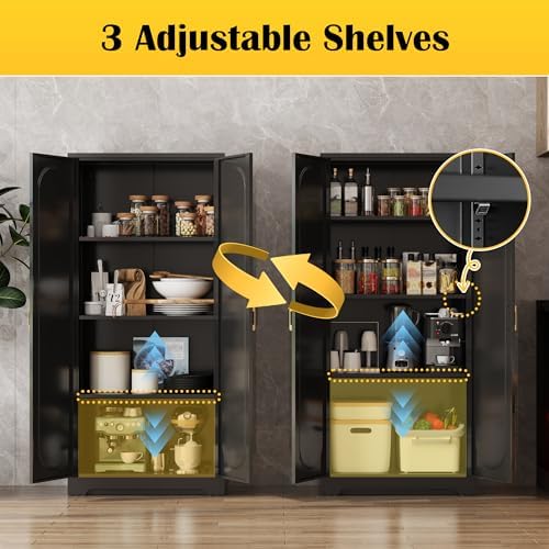 Steeloong 60"Metal Pantry Storage Cabinet with Doors & 3 Adjustable Shelves | Kitchen Pantry Cabinet,Black Kitchen Cabinet with 2 Gold Handles,Tall Cabinet for Livingroom,Pantry, Bathroom,Kitchen