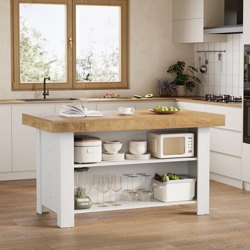 LITTLE TREE 55 Inches Kitchen Island with Storage, 3-Tier Farmhouse Stationary Island Table with Large Worktop & Leg Room, Modern Coffee Bar Table with Storage Shelf for Kitchen, Oak & White