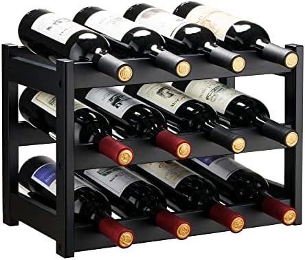VASMIA Bamboo Wine Rack, Sturdy and Durable Wine Storage Cabinet Shelf, Wine Racks Countertop for Pantry,Kitchen,3-Tier 12 Bottles Wine Rack Black
