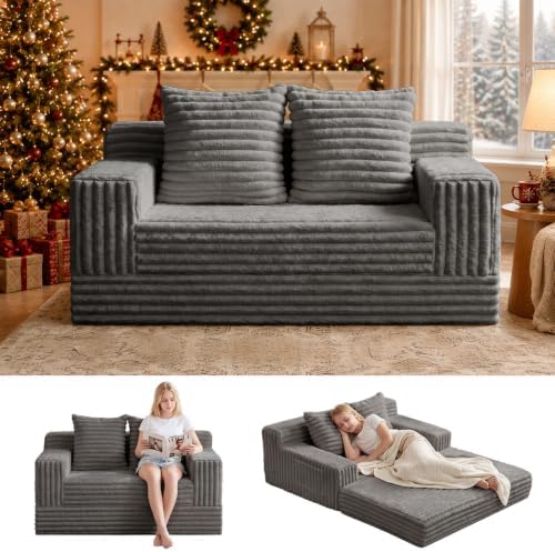 Erament Boneless Loveseat Convertible Sofa Bed, Folding Floor Futon Sleeper Sofa Couch Bed- Boneless Foldable Couch, Corduroy Pull Out Sofa Bed with 2 Pillows for Living Room & Bedroom