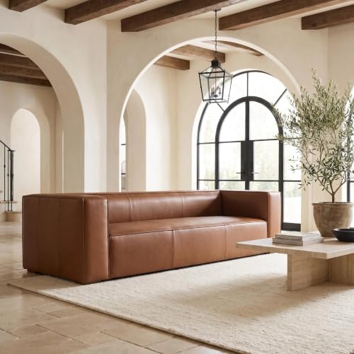 90.94-Inch Cognac Tan Faux Leather Sofa, Modern 3-Seater Couch