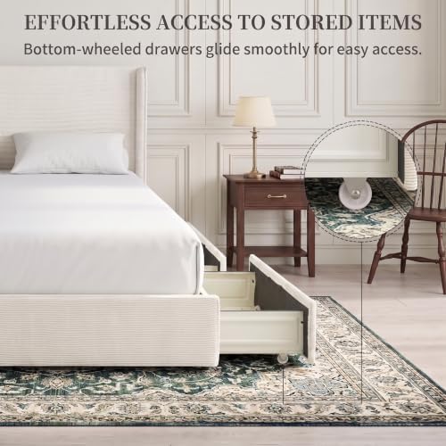 Queen Bed Frame with Storage Drawers, Corduroy Bed with Headboard, Cream