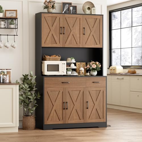 HOSTACK 71"H Kitchen Pantry Storage Cabinet, Farmhouse Hutch Cabinet, Brown