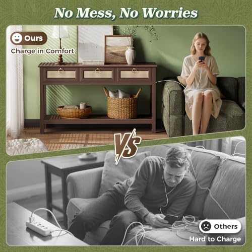 SUPERJARE Rattan Console Sofa Table with Outlets, USB-C Port and 3 Drawers
