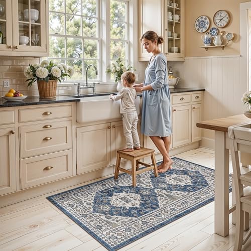 2x4 Non-Slip Entryway Area Rugs: Washable Stain Resistant Kitchen Carpet Printed Doormat Soft Low Pile Nursery Rug Vintage Small Floor Mat for Hardwood Bedroom Cozy Home Decor fot Family(2x4,Blue)