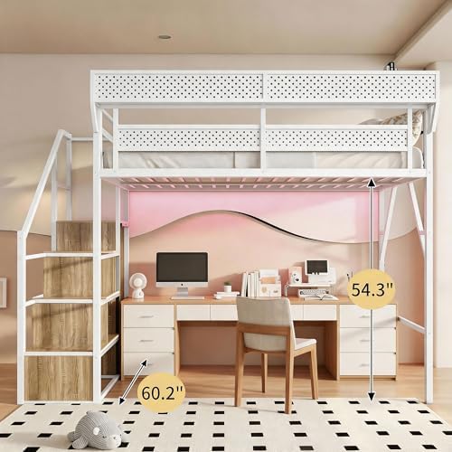 Queen Size Metal Loft Bed with Reversible Stairs and LED & USB Port
