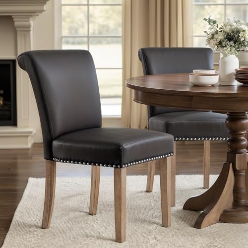 CHUN YI Dining Chairs Set of 2, Faux Leather Dining Room Chairs, Upholstered Modern Kitchen Parsons Chairs for Dining Room with Sturdy Wood Legs, Vintage Grey