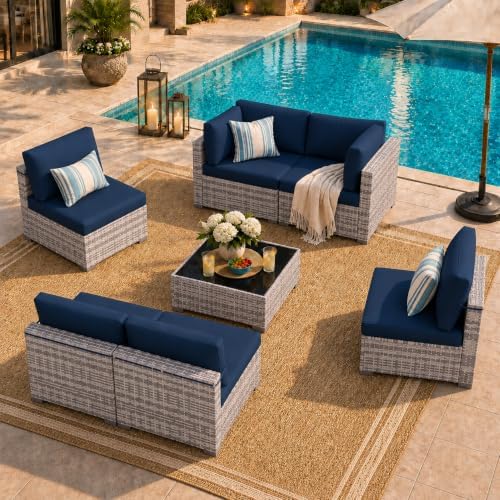 LOUVIXA 7 Piece Outdoor Patio Furniture Set, Outdoor Sectional Sofa, Wicker Rattan Patio Furniture, Patio Conversation Set with Coffee Table & Cushions
