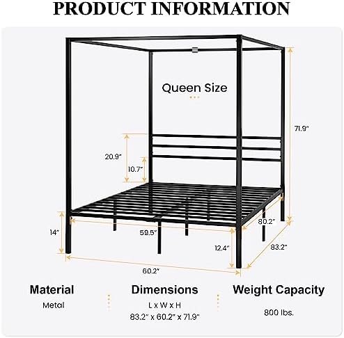SHA CERLIN Queen Size Canopy Bed Frame with Heavy Duty Metal Slats, Black