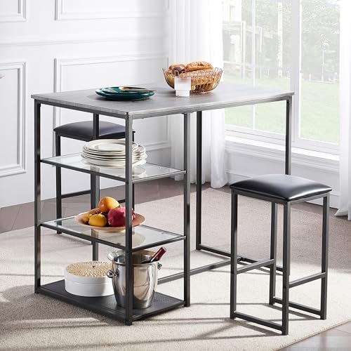 VECELO Dining Table Set for 2 with 3 Storage Shelves,Counter Height Kitchen Table and Chairs with Pu Cushion Chairs & Wood Top for Small Space,Dining Room,Apartment，Gray